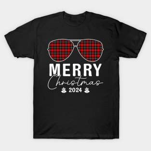 Sunglass Plaid Merry Christmas 2024 For Family Matching T-Shirt